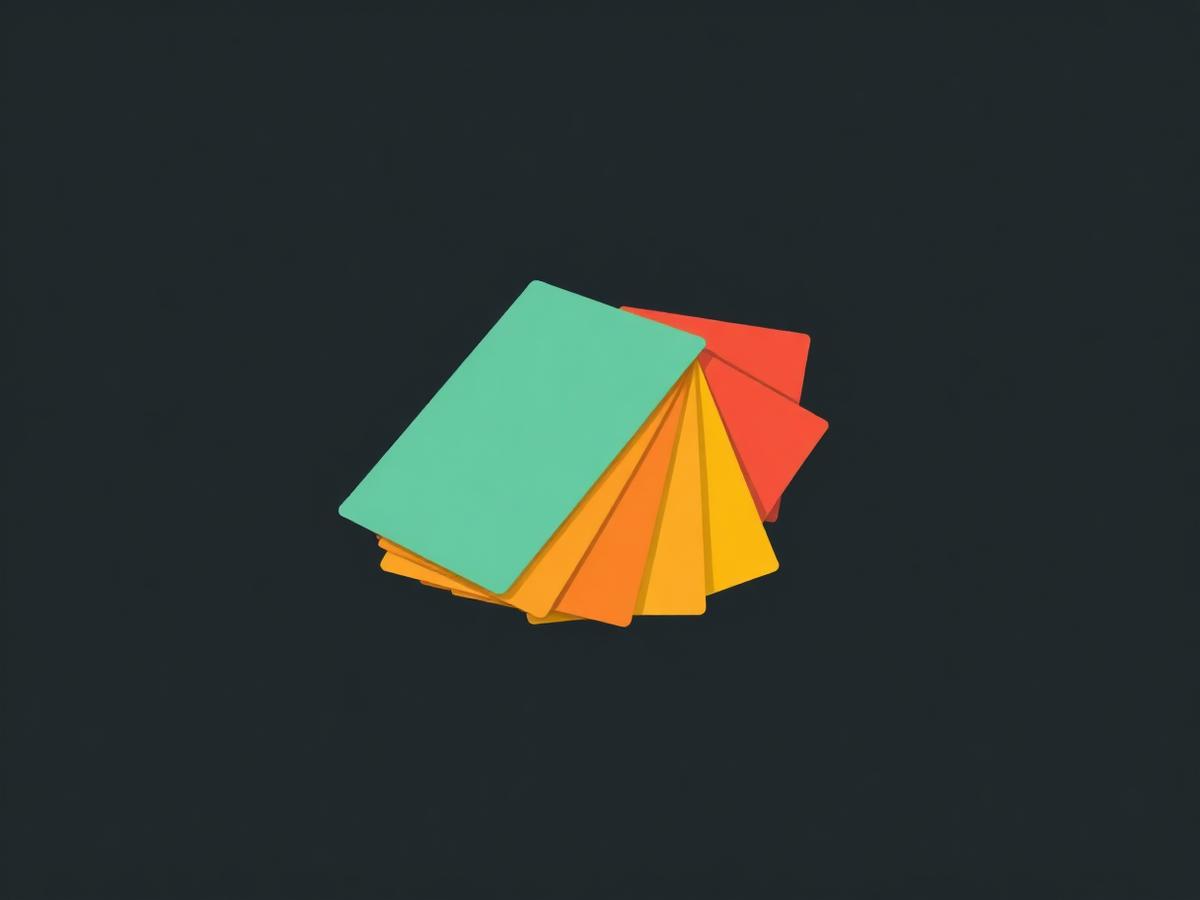 Illustration of a paper-style flashcard deck mid-flip with recall confidence ratings