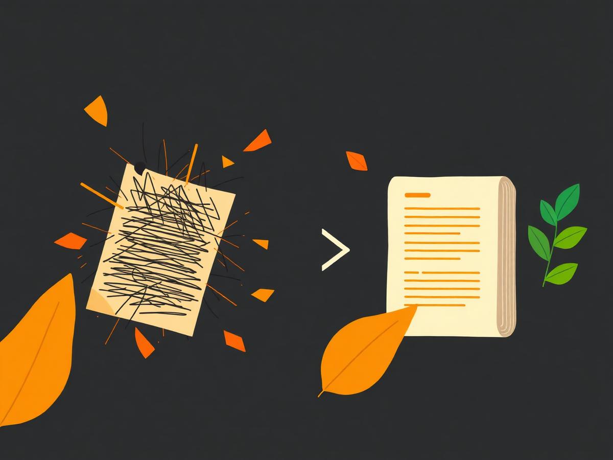 Illustration of scattered handwritten notes being transformed into a structured multi-page study pack