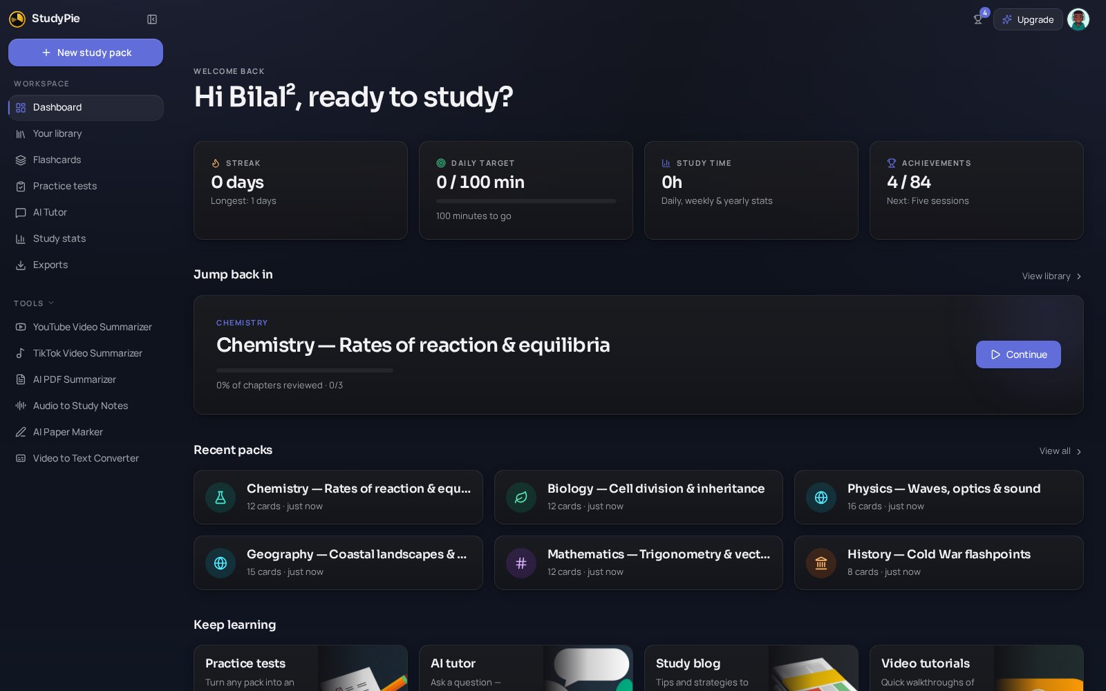 StudyPie dashboard with study packs by subject, weekly study time and daily target